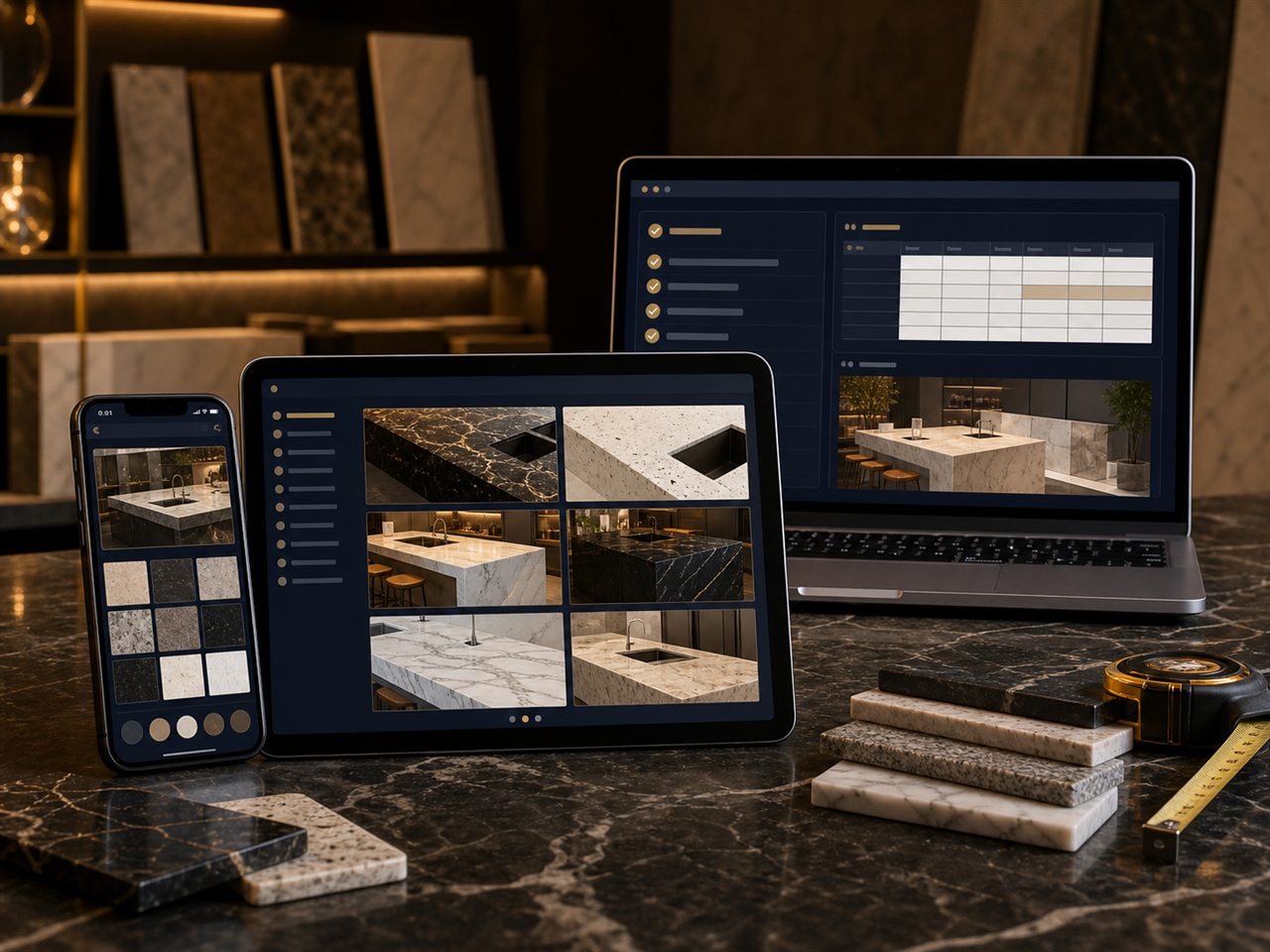 Celular, tablet e notebook exibindo os materiais da Maleta Digital do Marmorista